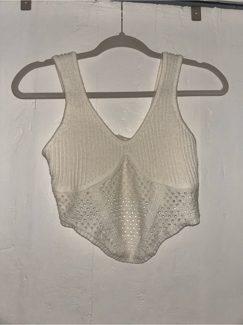 Cream Knit Ribbed Cropped Tank with Eyelet Hem